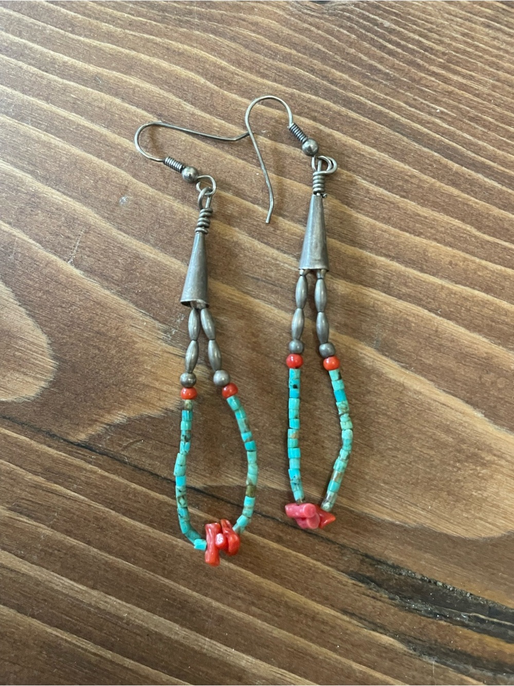 Native American Heishi Turquoise Coral Dangle Earrings